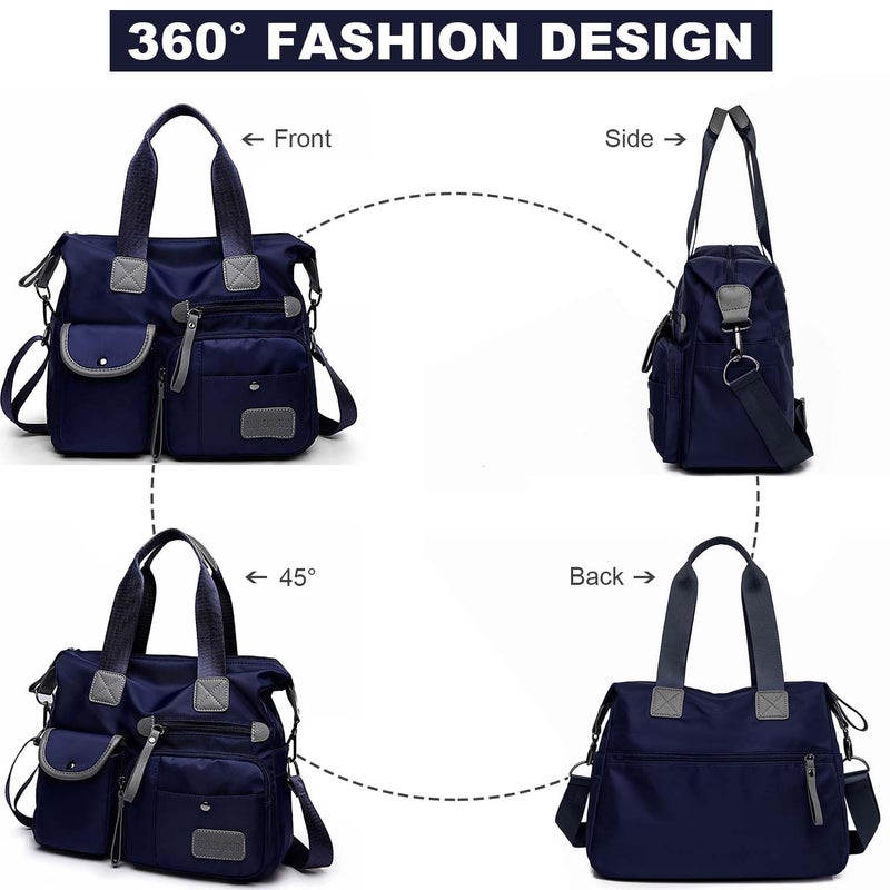 YouNuo Women Nylon Tote with Multiple Pockets & Zipper, Work Nursing Bag, Large Shoulder Purse,Waterproof Galaxy Cross body Bag for Travel (Pure Navy Blue) - Image 2